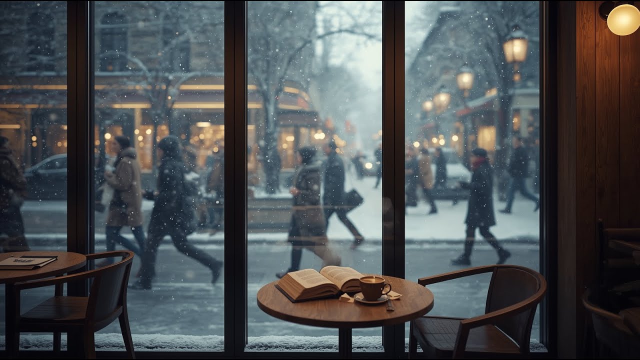 Snowy Evening Cafe View 🪟 Warm Coffee Shop Vibes with Gentle Music for Peaceful Study