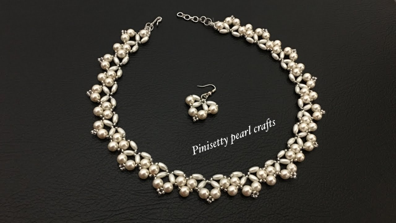 How to make rice pearl necklace/White beads jewelry/Pearl necklace-earrings tutorial/Flower necklace