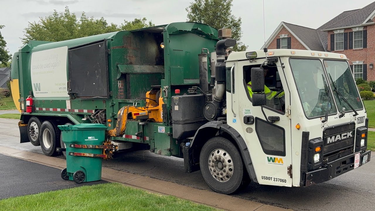 Waste Management Mack LR Labrie Expert Side Loader Garbage Truck In Action
