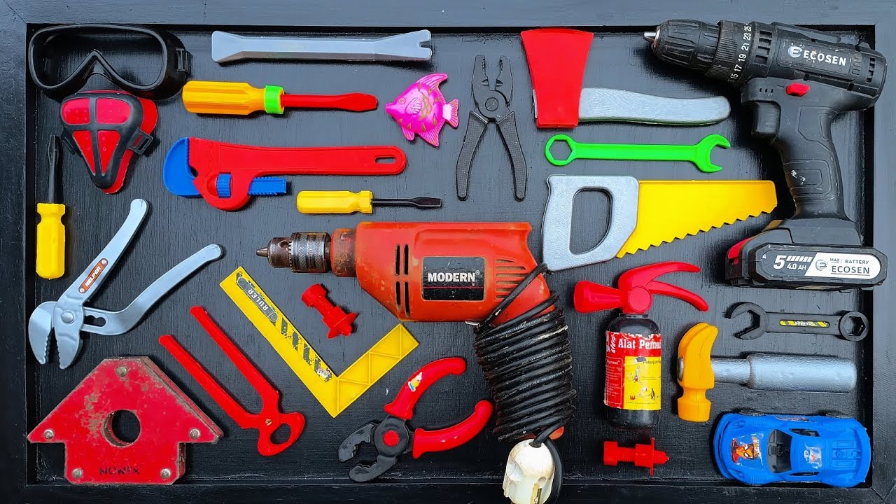 Collection of Repair Tools, Electric Drill, Electric Saw, Hammer With Wriench, Pliers, Hacksaw