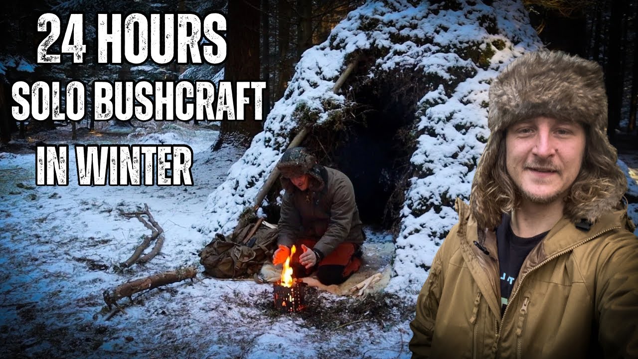 SOLO Winter Bushcraft Camping In A Survival Shelter - Snowing!