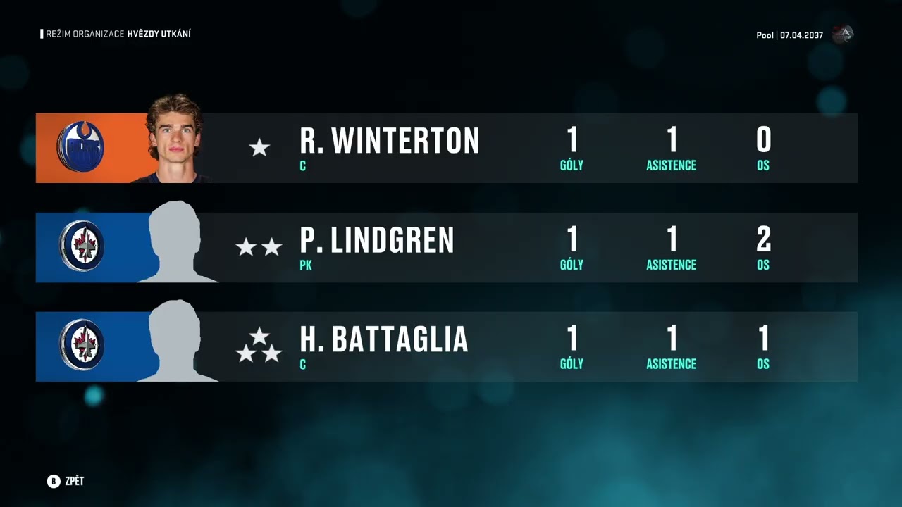 NHL 25   GM  Winnipeg  2036   75 - 82  zápas zkl.  části simulace