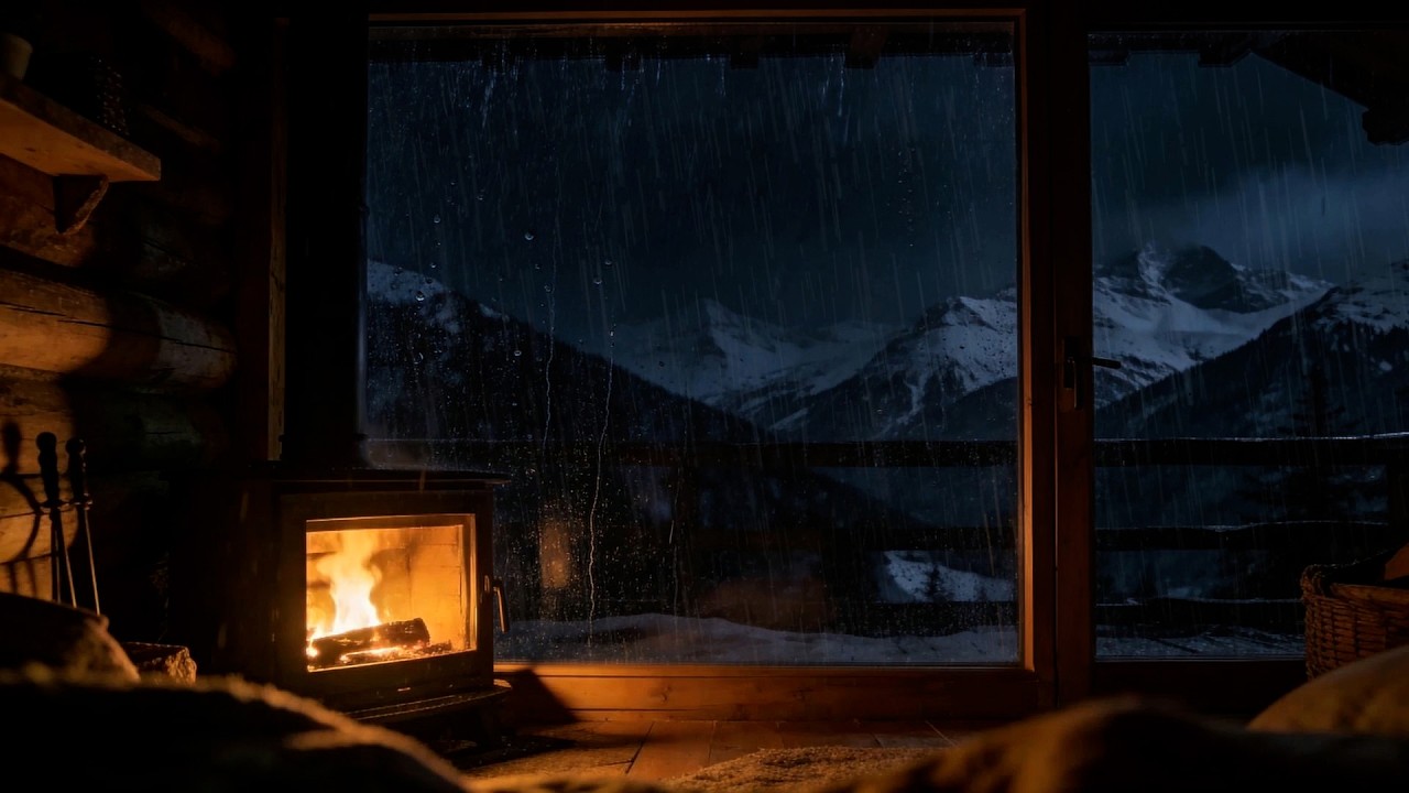 Rainy Mountain Cabin Night 🌧️🔥 Cozy Fireplace & Window Rain Sounds for Deep Sleep, Relaxation