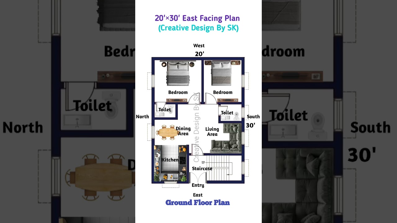 20'&times;30' East Facing House Plan | 2D Plan #home #homedesign #house #shorts