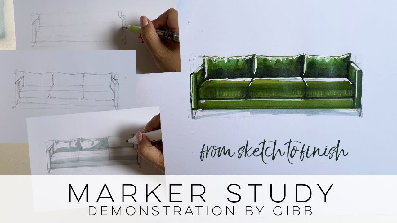How to sketch and render a green sofa with markers - quick sketch tutorial for drawing furniture