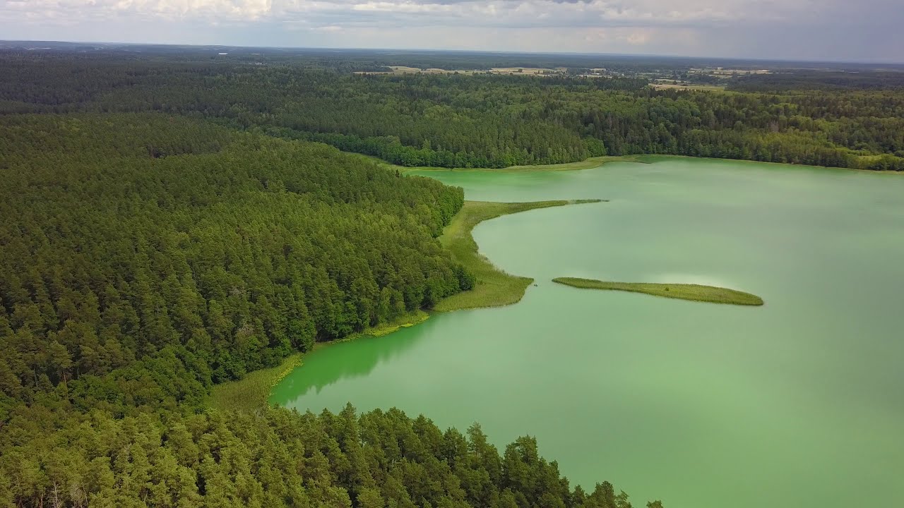 Vir&scaron; Lietuvos: žaliasis Spindžiaus ežeras i&scaron; pauk&scaron;čio skrydžio. Drone 4k Lithuanian nature aerial