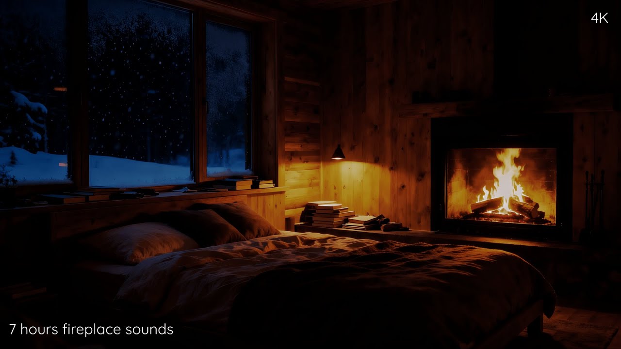 7 HOUR DEEP SLEEP | Cabin Fireplace & Dark Snowy Night with Delta Waves