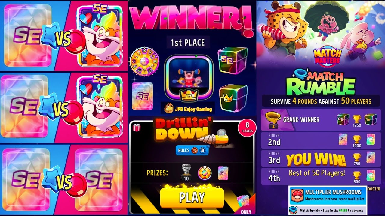 Match Rumble 50 Player Multiplier Mushrooms, Drillin'Down tournament Match Masters.