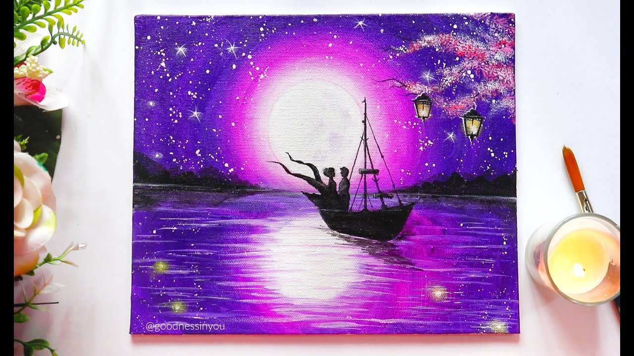 A Romantic Couple on a Moonlight Scene Painting for Beginners / Step by Step Tutorial