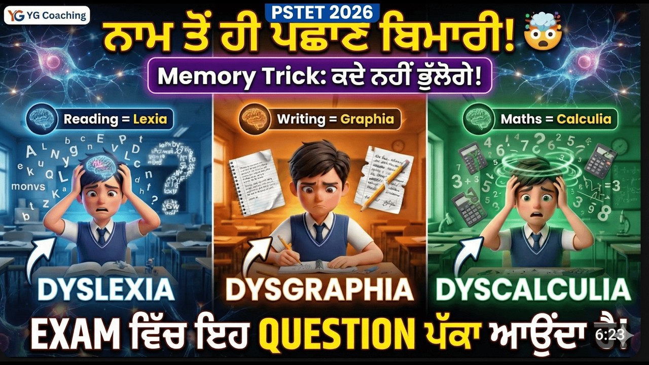 PSTET 2026 ਡਿਸਲੈਕਸੀਆ, ਡਿਸਗ੍ਰਾਫੀਆ, ਡਿਸਕੈਲਕੁਲੀਆ 🤯  ਨਾਮ ਤੋਂ ਹੀ ਪਛਾਣੋ ਬਿਮਾਰੀ  1 Trick = 3 Answer