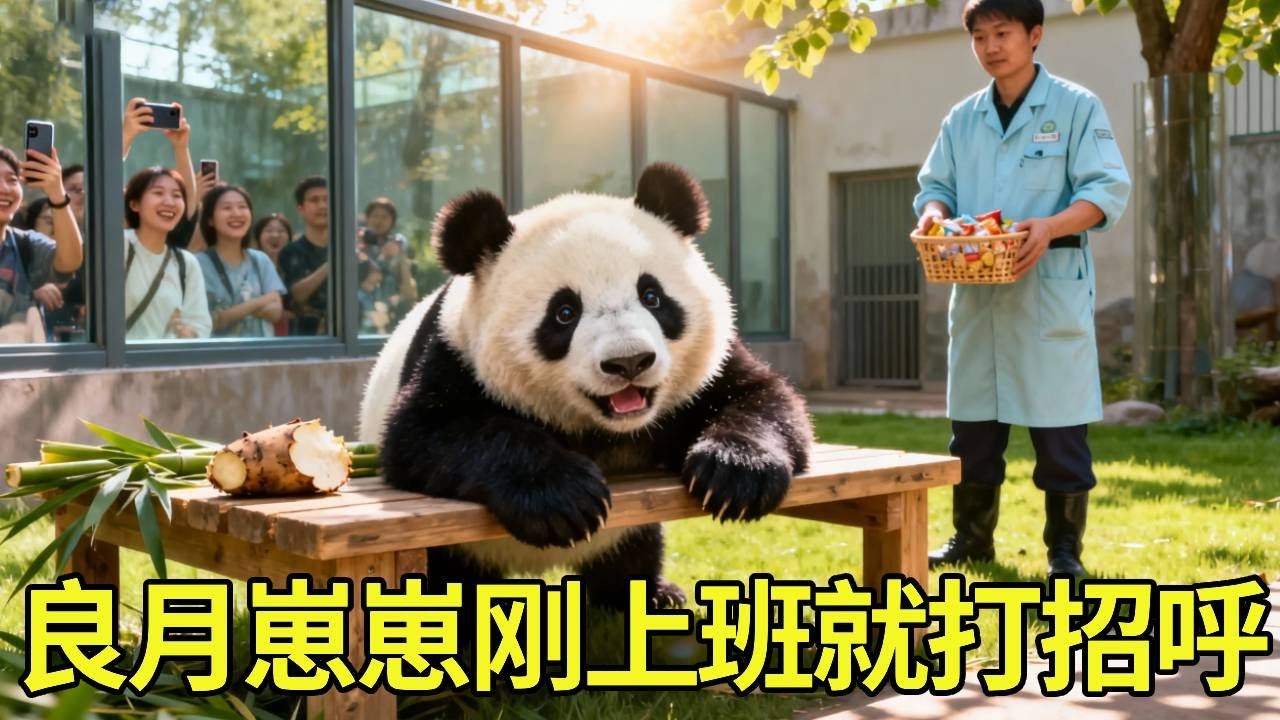 良月崽一上班就主动打招呼，这架势又是一个爱上班的小“混”妹 #大熊猫良月崽 #大熊猫 #