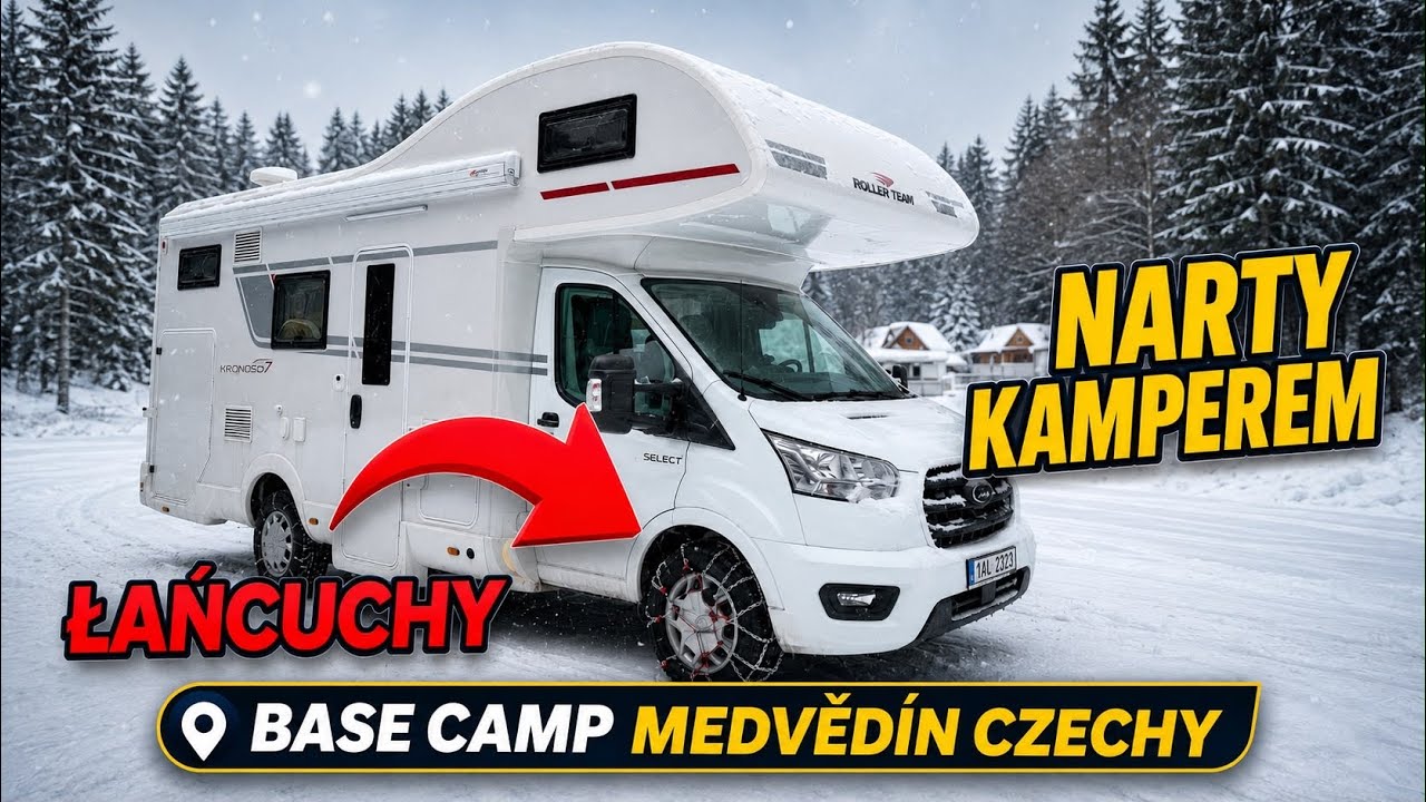 Kemping Base Camp Medvědín Czechy, Szpindlerowy Młyn. Kamper narty zimowy karawaning. Ferie kamperem
