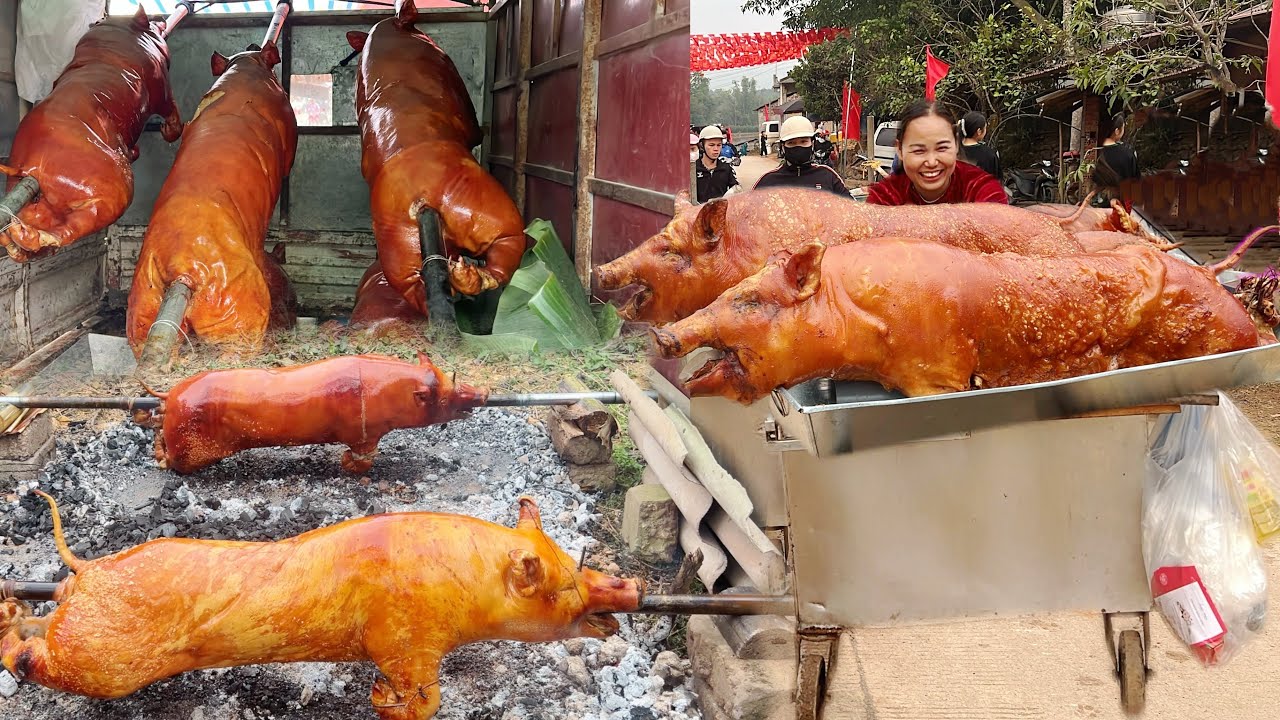 whole crispy pork, this is how they grill it and transport it to the market to sell to customers