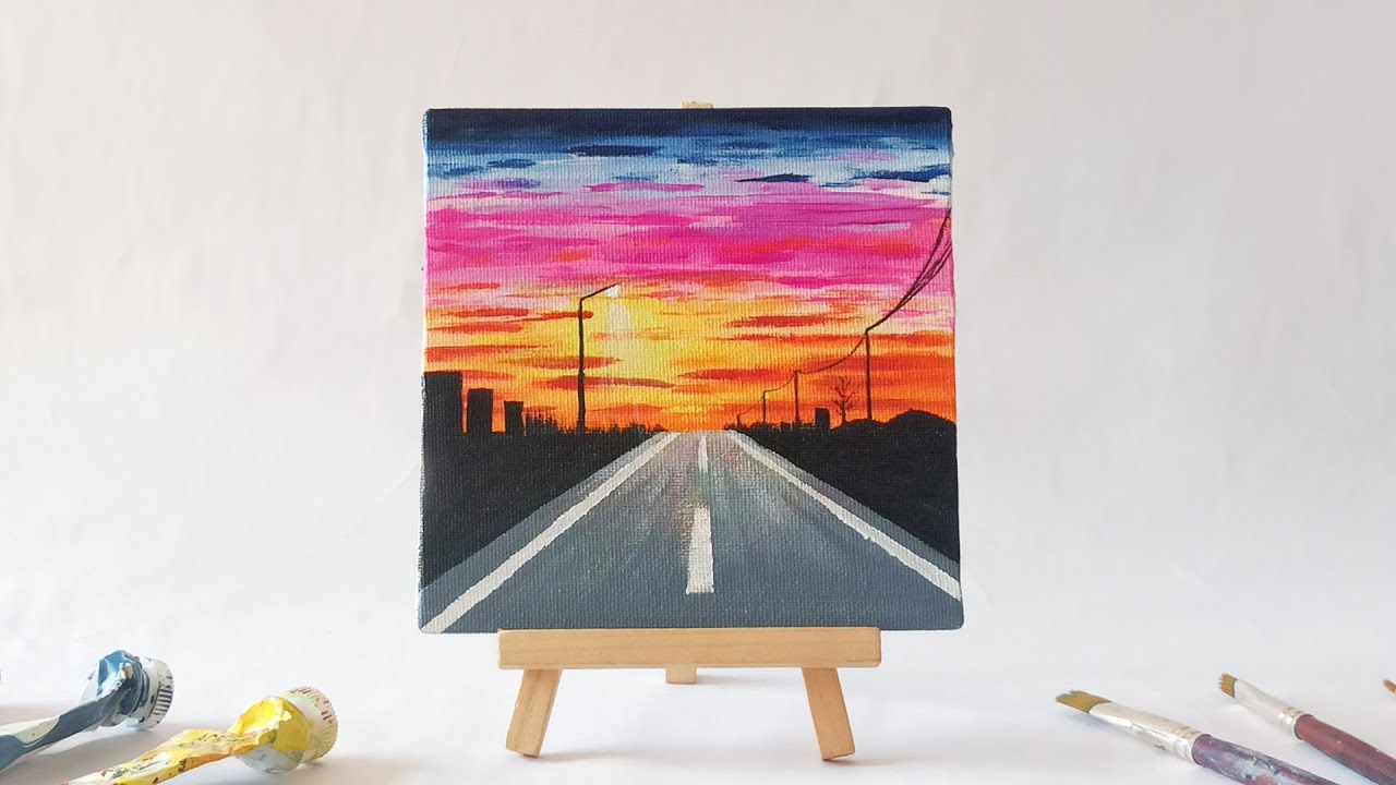 Sunset Road Acrylic Painting For Beginners | Easy Mini Canvas Painting Tutorial