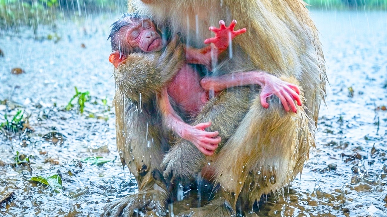 Sweet newborn baby is only 3 hours old but he is cold under the raindrops