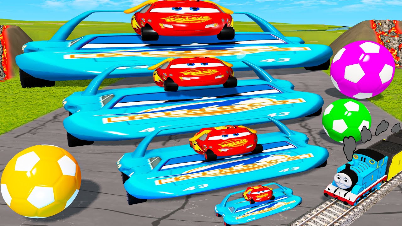 FAT CAR vs LONG CARS - Big & Small: Wide King Dinoco with Fat Mcqueen vs Trains Thomas - BeamNG