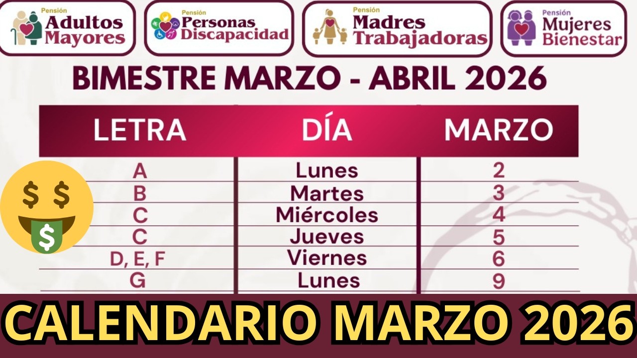 Calendario Pagos Marzo Pensi&oacute;n Bienestar Adultos Mayores Marzo 2026