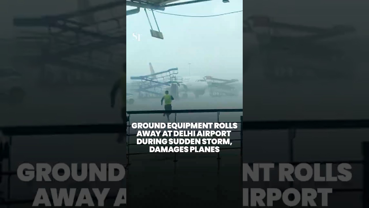Delhi airport ground equipment move around like toys in massive storm