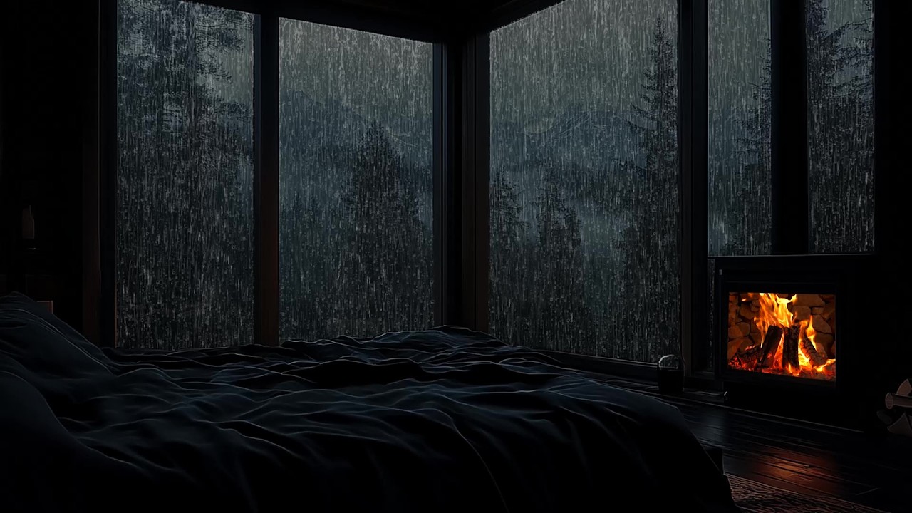 🏔️ Peaceful Cabin Retreat on a Rainy Night | Raindrops on Glass & Fireplace Warmth | Sleep Better