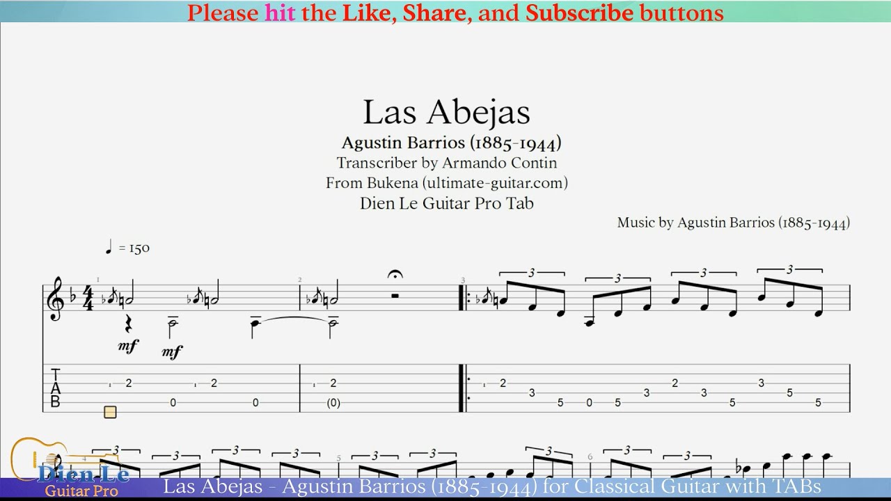 Las Abejas - Agustin Barrios (1885-1944) for Classical Guitar with TABs