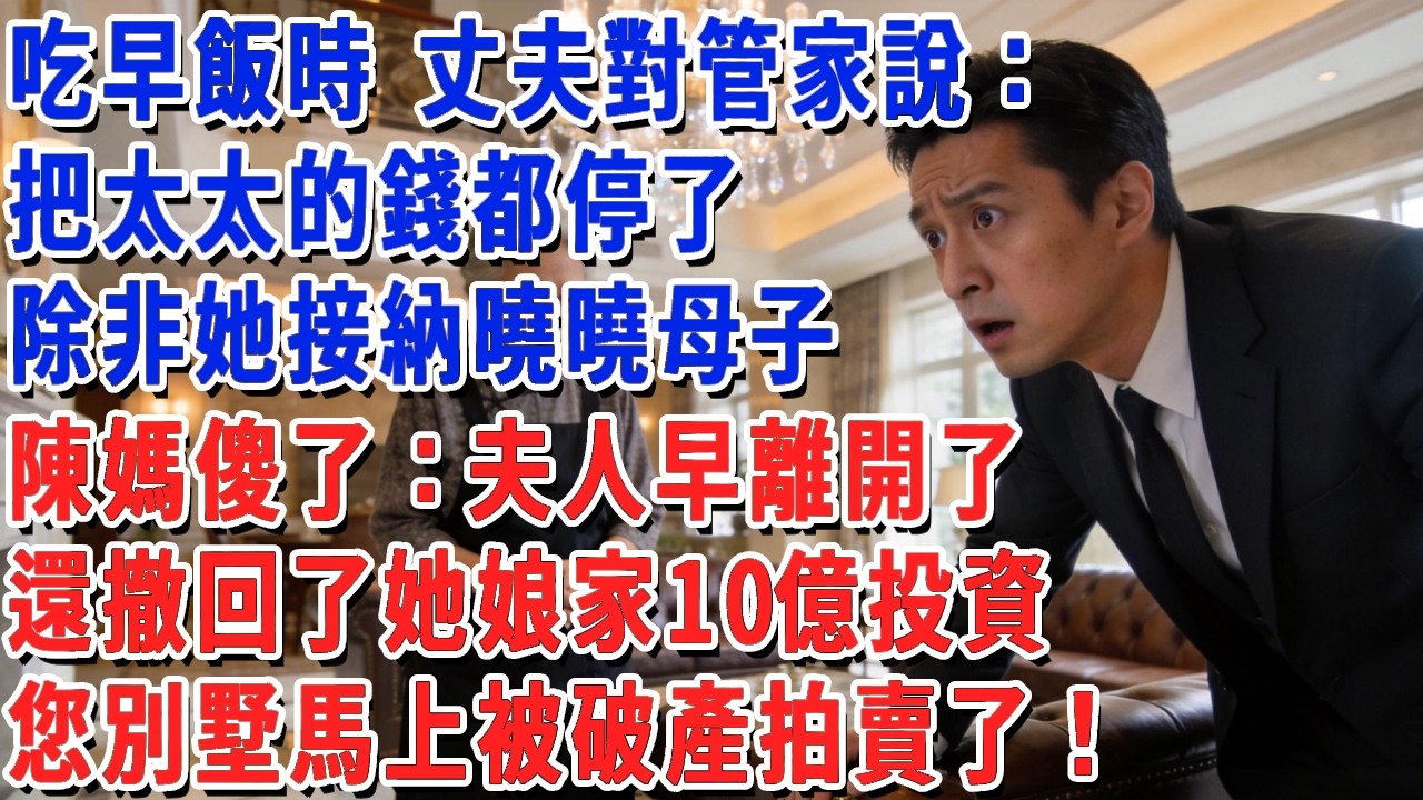 吃早飯時 丈夫對管家說：把太太的錢都停了，除非她接納曉曉母子，陳媽傻了：夫人早離開了，還撤回了她娘家10億投資，您別墅馬上要被破產拍賣了！#小娟講故事 #情感故事 #老年生活