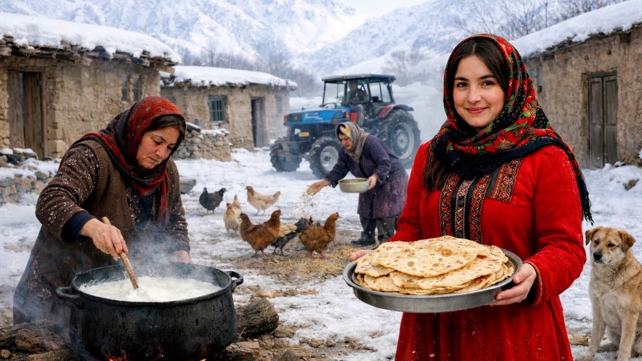 Rural life in Iran, a cold snowy day, baking traditional tandoor bread, and homemade food