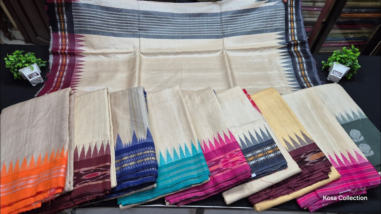 Handwoven Temple Border Kosa Silk Saree | Tussar silk Temple Border handloom saree| Kosa Silk Temple