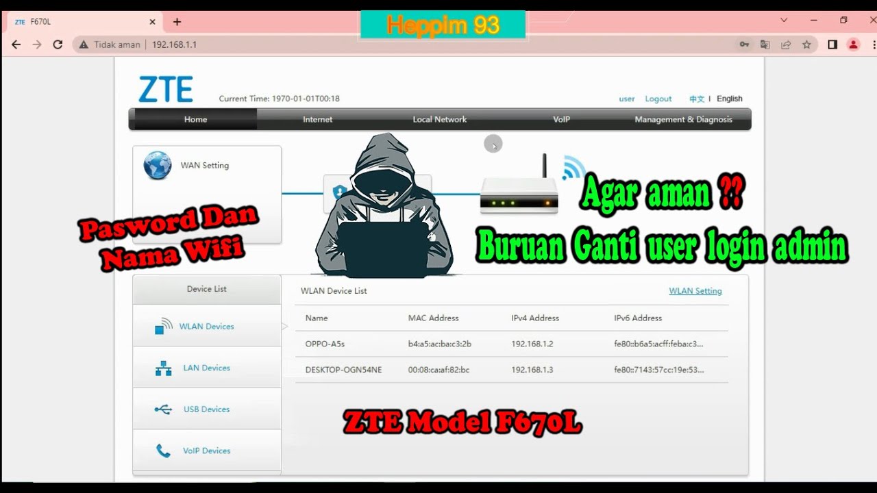 Mengganti user admin login ZTE F670L dan Pasword/Nama wifi