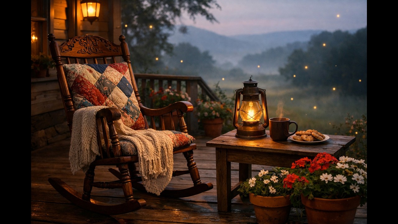 Peaceful Cabin Porch 🌄 Relaxing Country Instrumental Music | Mountain View & Fireflies