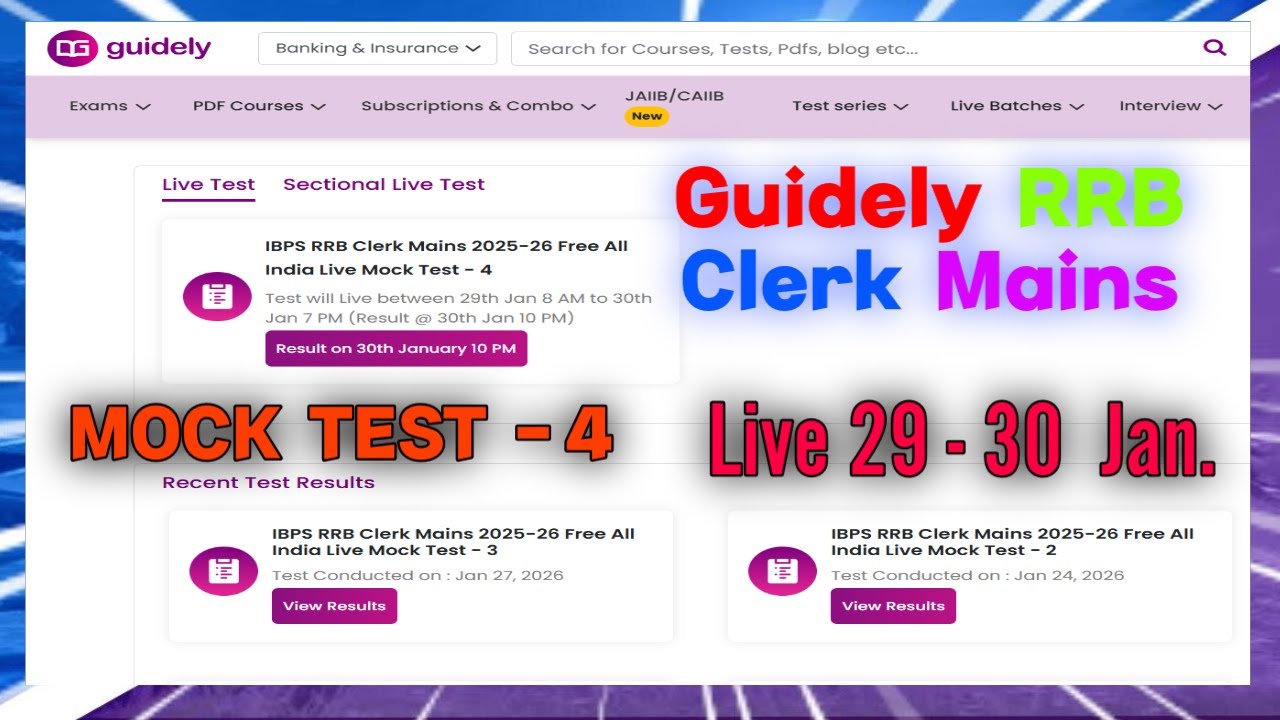 RRB Clerk Live Mock Test Guidely - 4 | Guidely Live Mock Test RRB Clerk | 29th Jan #rrb