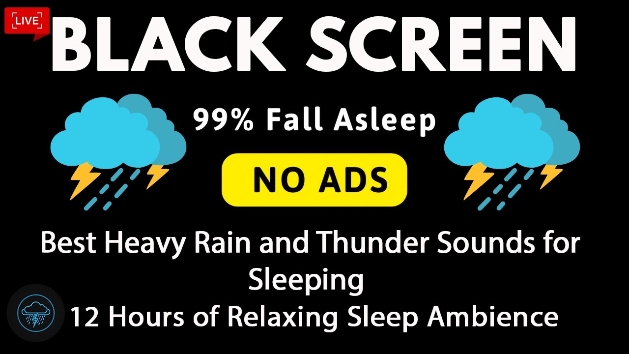 🔴 Heavy Rain and Thunder Sounds for Sleeping - Black Screen | Relaxing Thunderstorm Live Stream