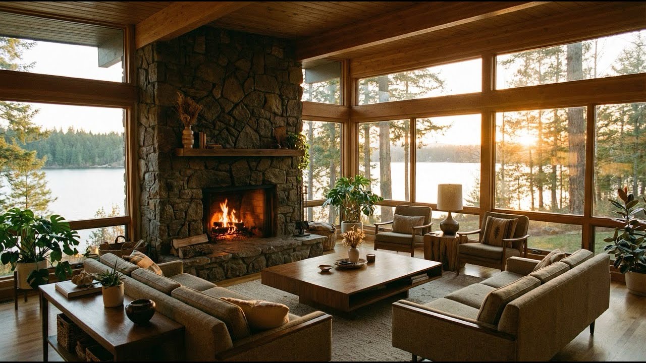 Golden Hour Lakeside House 🌅 Calm Study Beats & Crackling Fireplace