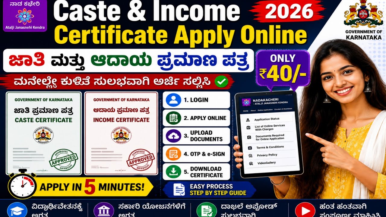Caste & Income Certificate Apply Online 2026 | ಜಾತಿ & ಆದಾಯ ಪ್ರಮಾಣ ಪತ್ರ ಅರ್ಜಿ | Only ₹40 to Apply