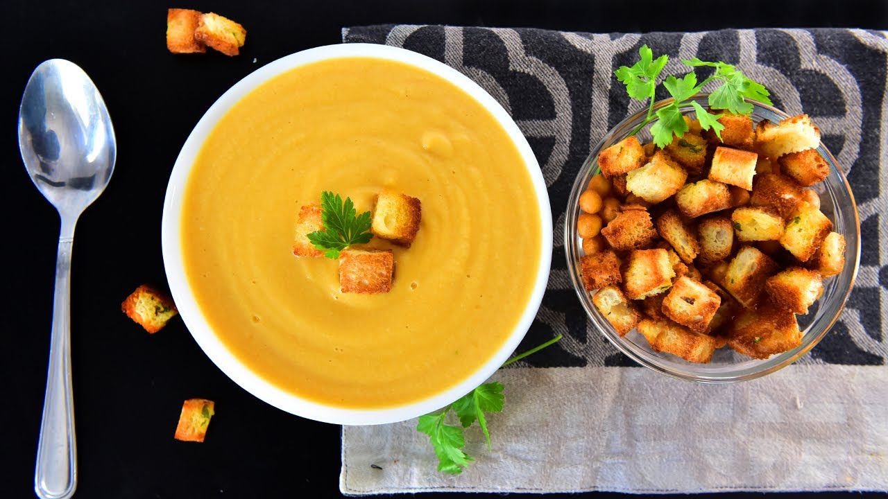 Supa crema de legume cu pui si crutoane la cuptor ❌ Vegetable cream soup with chicken