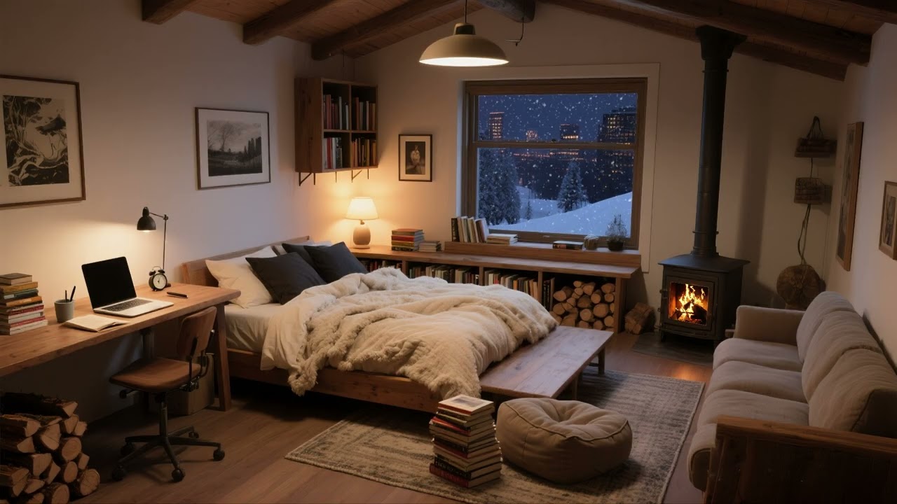 Snow is falling heavily outside | The stove is burning brightly inside | ASMR helps you sleep.