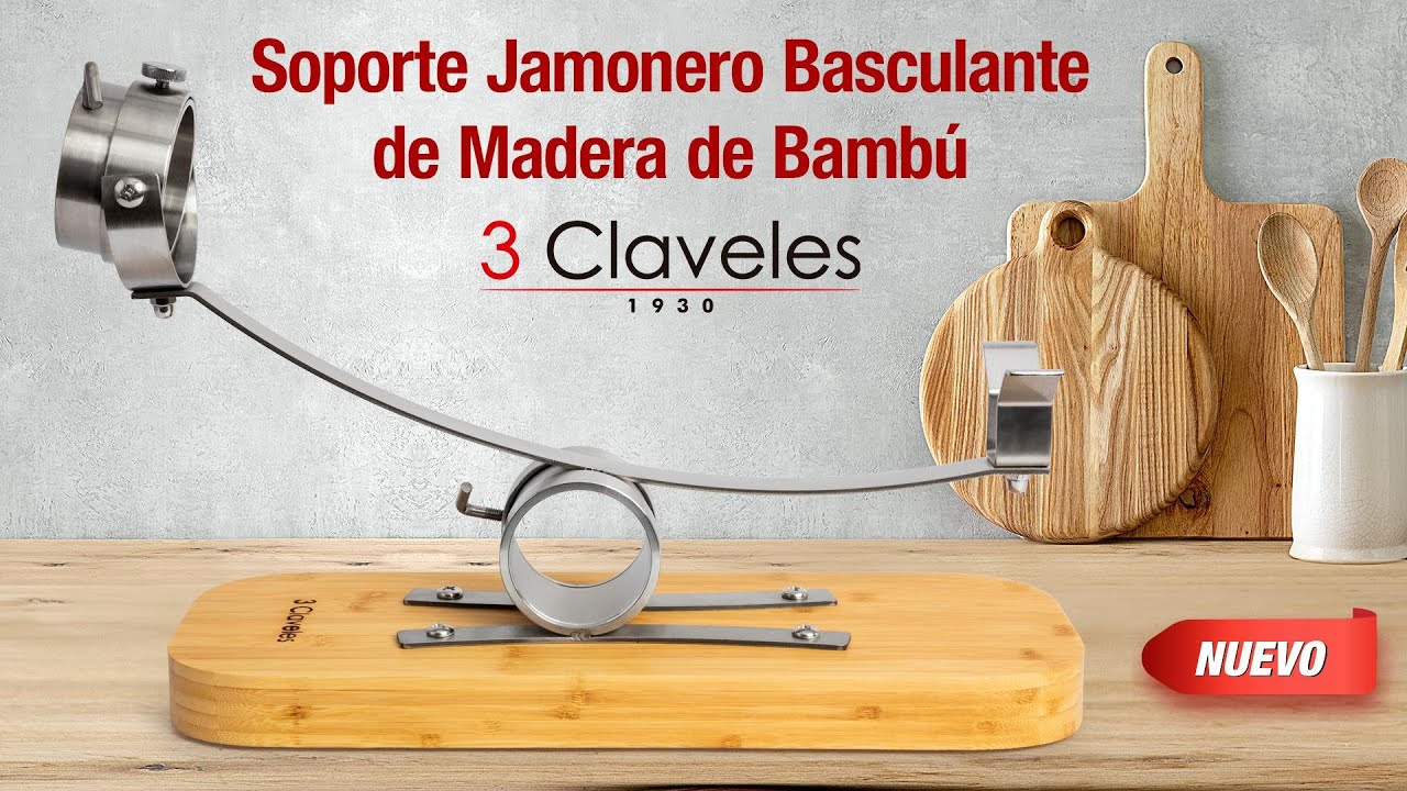 3 Claveles 01744 - Soporte Jamonero Basculante en Madera de Bambú y Cabezal Giratorio en Acero