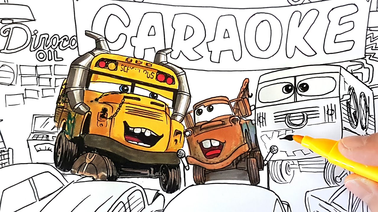 CARS 3 Caraoke with Mater, Miss Fritter and Crunch & Crash Arvy, Drawing and Coloring | Tim Tim TV