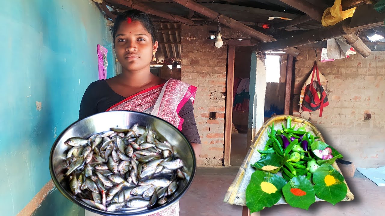 Small Fish with Brinjal Curry and Lady finger Poteto fry | Cooking by Santali Tribal Women