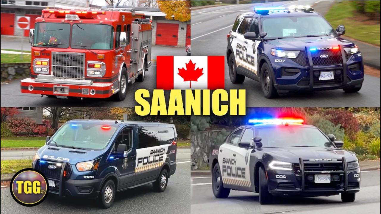 [Saanich] Fire Truck & Police Cars With RUMBLER Siren!