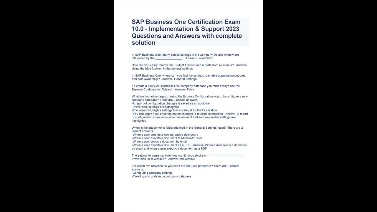 SAP Business One Certification Exam 10 0   Implementation & Support 2023 Questions and Answers with