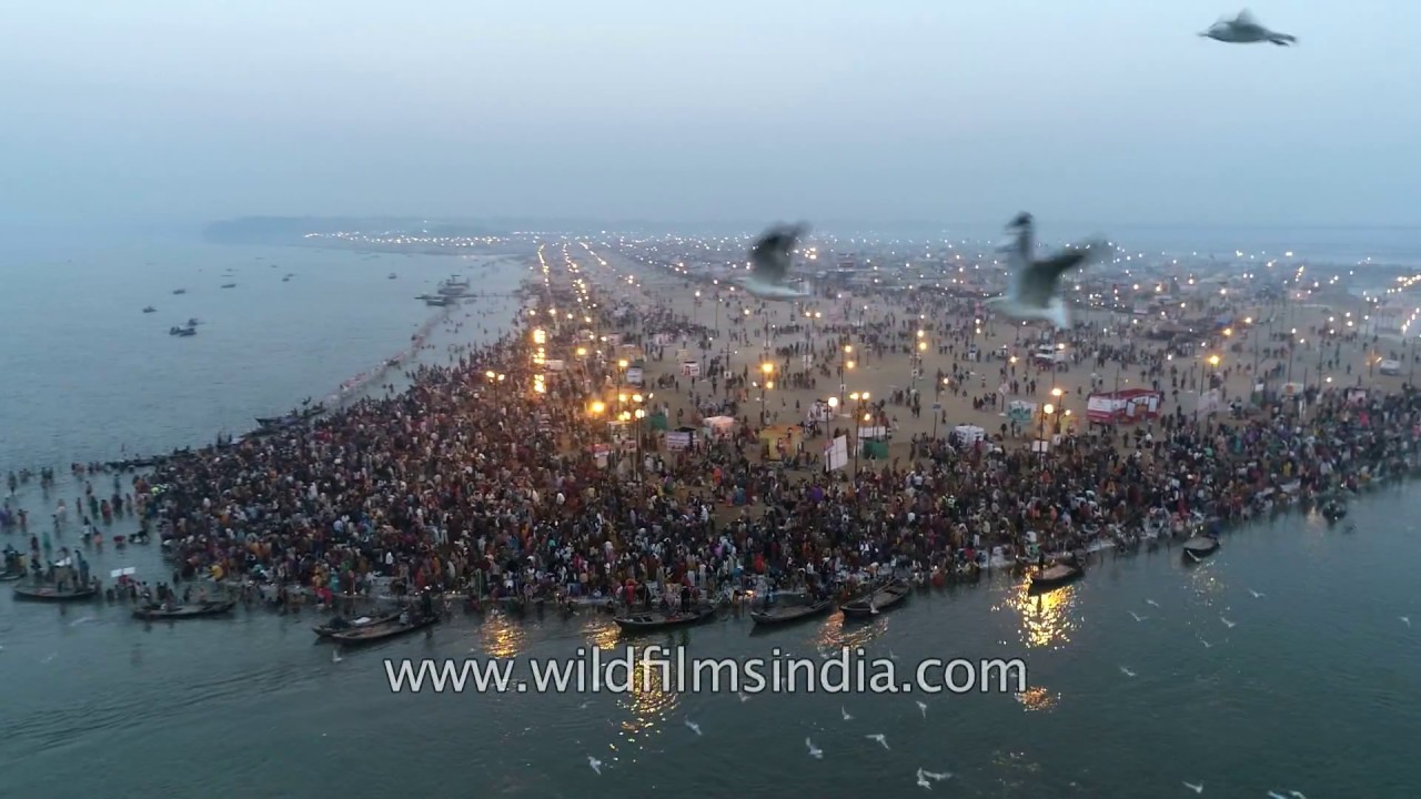 Triveni sangam stunning aerial view over Allahabad Kumbh on the Ganga