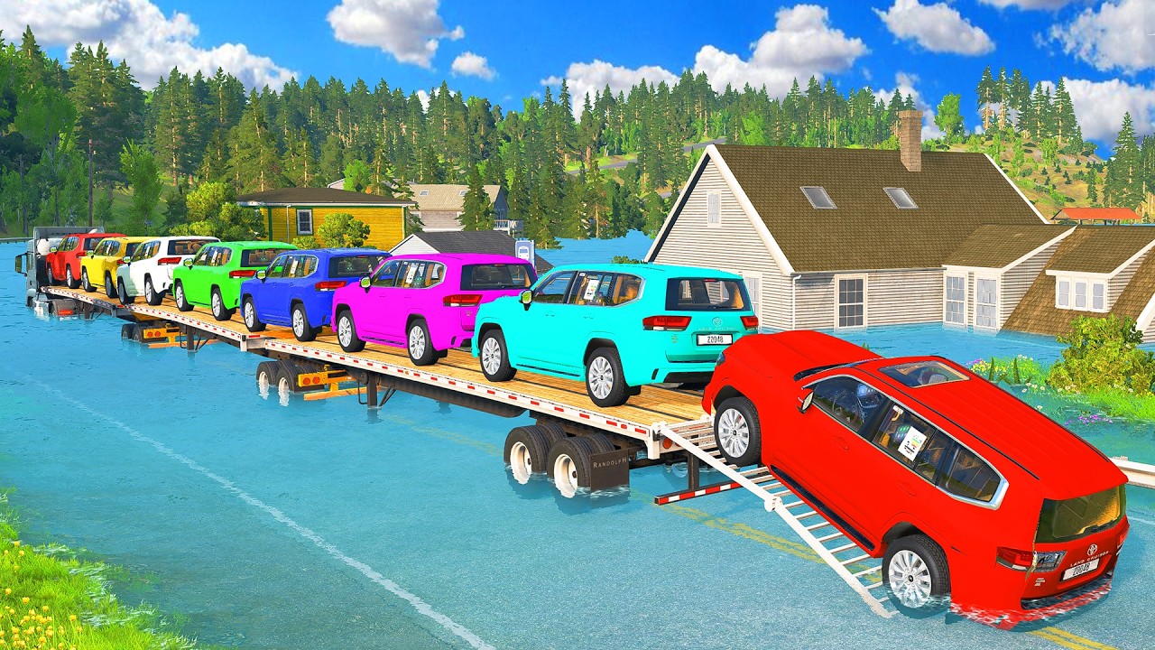 TRANSPORTING PIXAR CARS & FRUITS WITH COLORED & JOHN DEERE vs CLAAS vs TRACTORS - BeamNG.drive