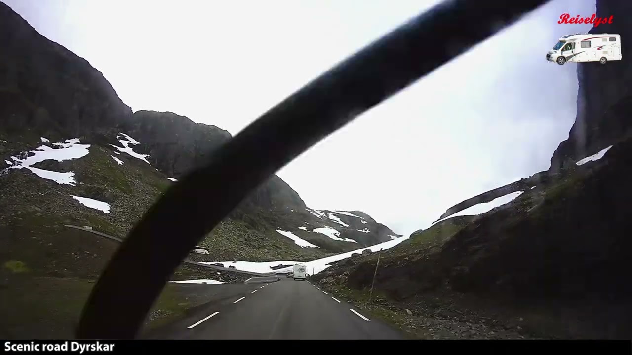 Road trip with motorhome on Scenic road Dyrskar.