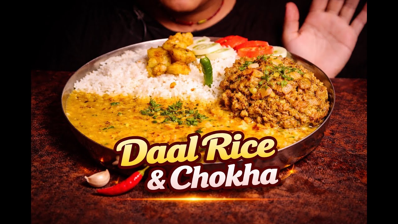 Eating Daal Rice + sabji + chokha + Salad  Big bite Indian tatsy khana Veg Eating show ASMR