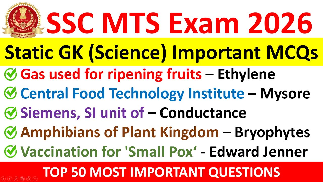 SSC MTS 2026 I Top 50 Science MCQs I Most Important PYQ #sscmts