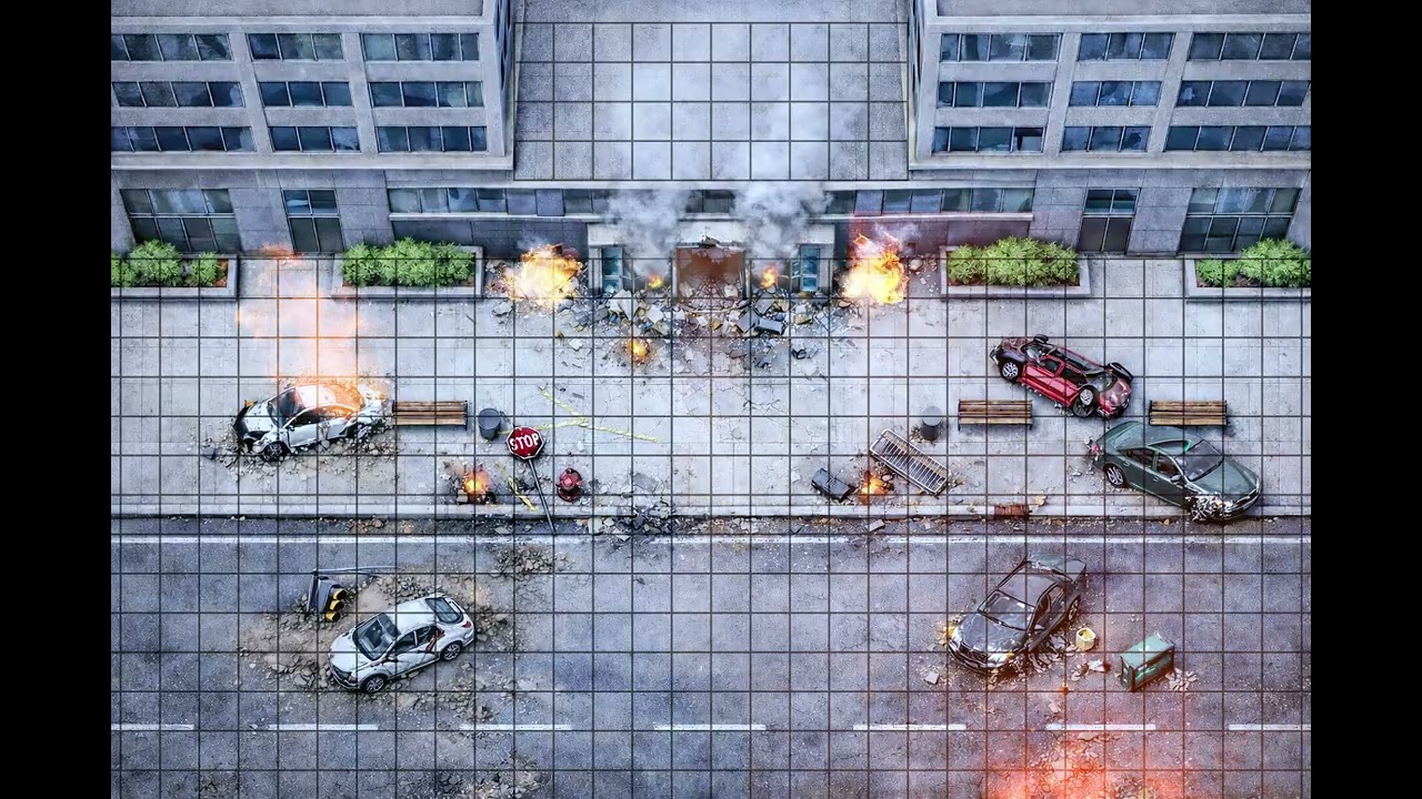 Destroyed City Street Battle Map | 1 Hour Seamless Loop | Modern Urban Chaos | Grid | VTT