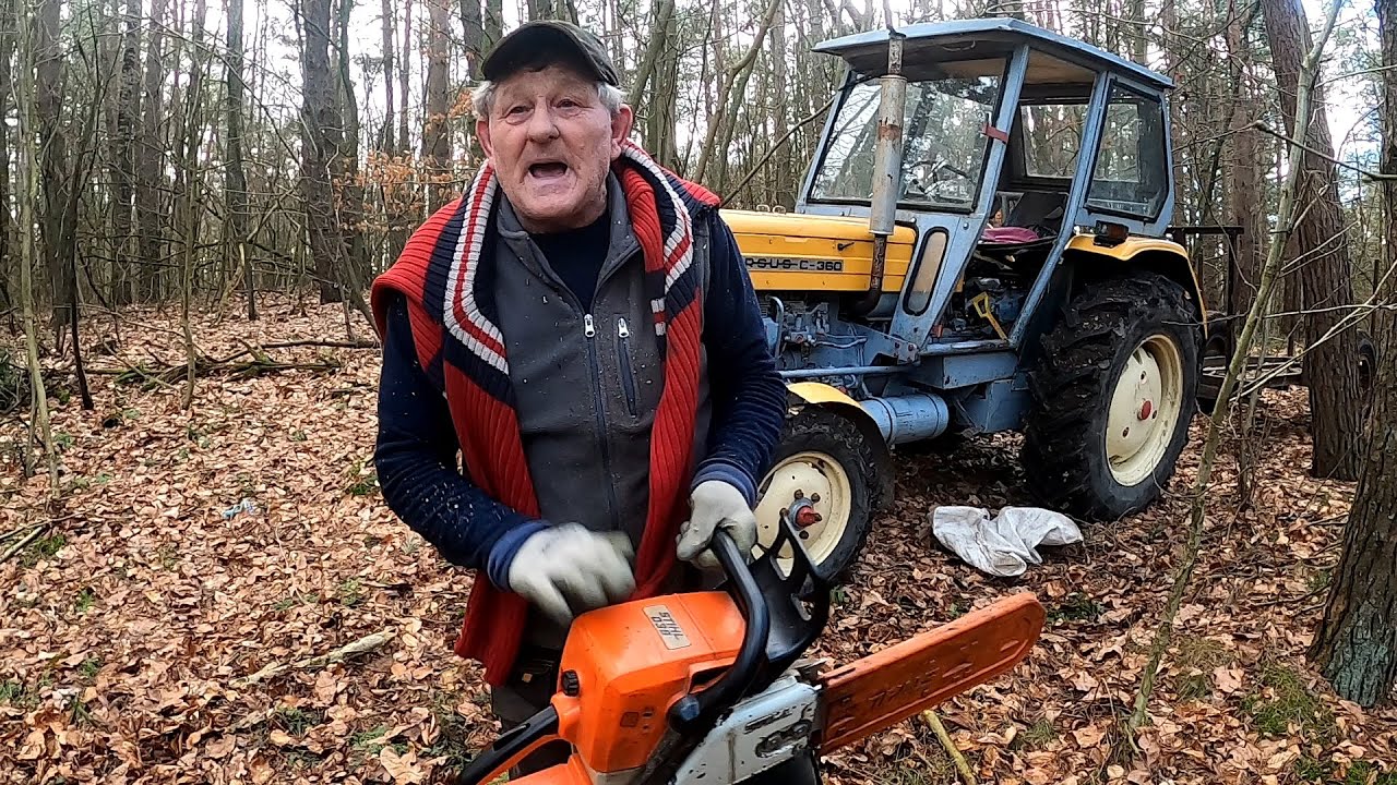 Kazimierz nareszcie w lesie pozyskuje opał Ursus niezawodny Piła tnie aż miło