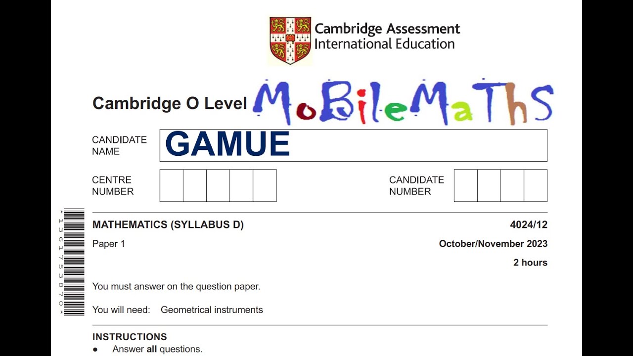 O LEVEL MATHEMATICS (SYLLABUS D) 4024 PAPER 1 | Cambridge | 4024/12/oct/nov/2023