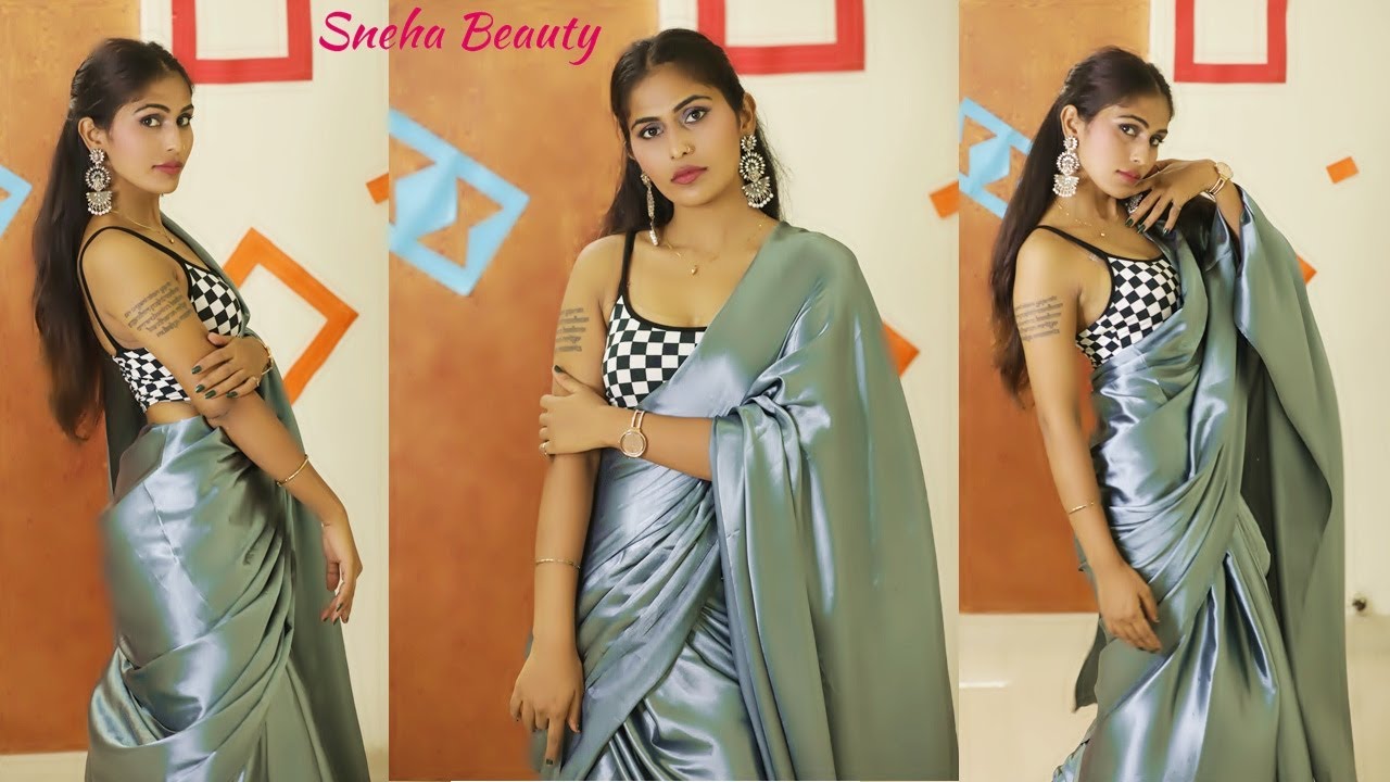 How to wear Plain Party Wear Grey Satin Silk Saree/Silk Saree style/Silk Satin  Saree Sneha Beauty