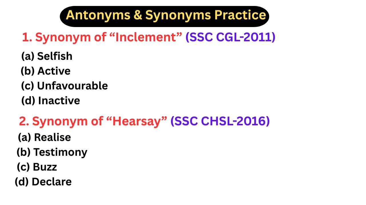 Synonyms & Antonyms | Previous Year Synonyms and Antonyms | Previous Year Synonyms SSC CGL | Vocab |